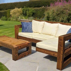 Solid Wood Garden L Sofa - 3 seat & coffee table (Rustic/Industrial/chair/lounger/table/sunbed/patio-set/garden-furniture)