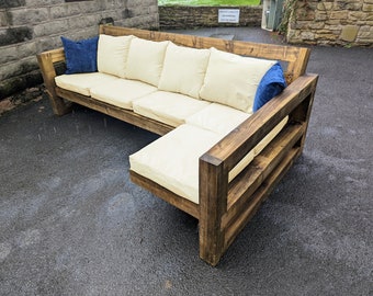 Solid Wood Garden L Sofa - 4 seat (Rustic/Industrial/chair/lounger/table/sunbed/patio-set/garden-furniture)