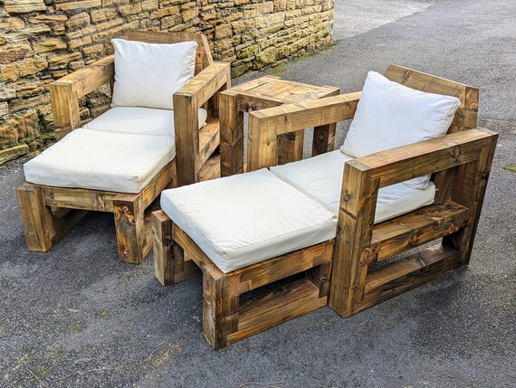 Solid Wood Garden Chairs table footstools patio set Rustic Industrial chair lounger table sunbed patio set garden furniture Etsy