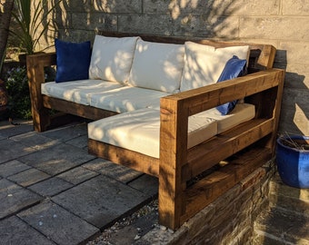 Solid Wood Garden L Sofa - 3 seat (Rustic/Industrial/chair/lounger/table/sunbed/patio-set/garden-furniture)