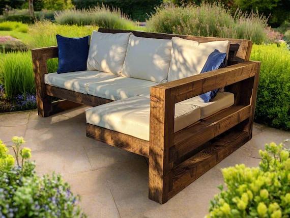 Solid Wood Garden L Sofa 3 Seat rustic industrial chair lounger table sunbed patio set garden furniture Etsy