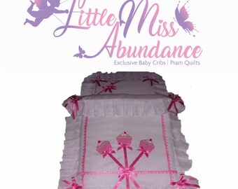 Dolls Pram Cot Bedding Set Reversible Magical Fairy/ Pink Spot 
