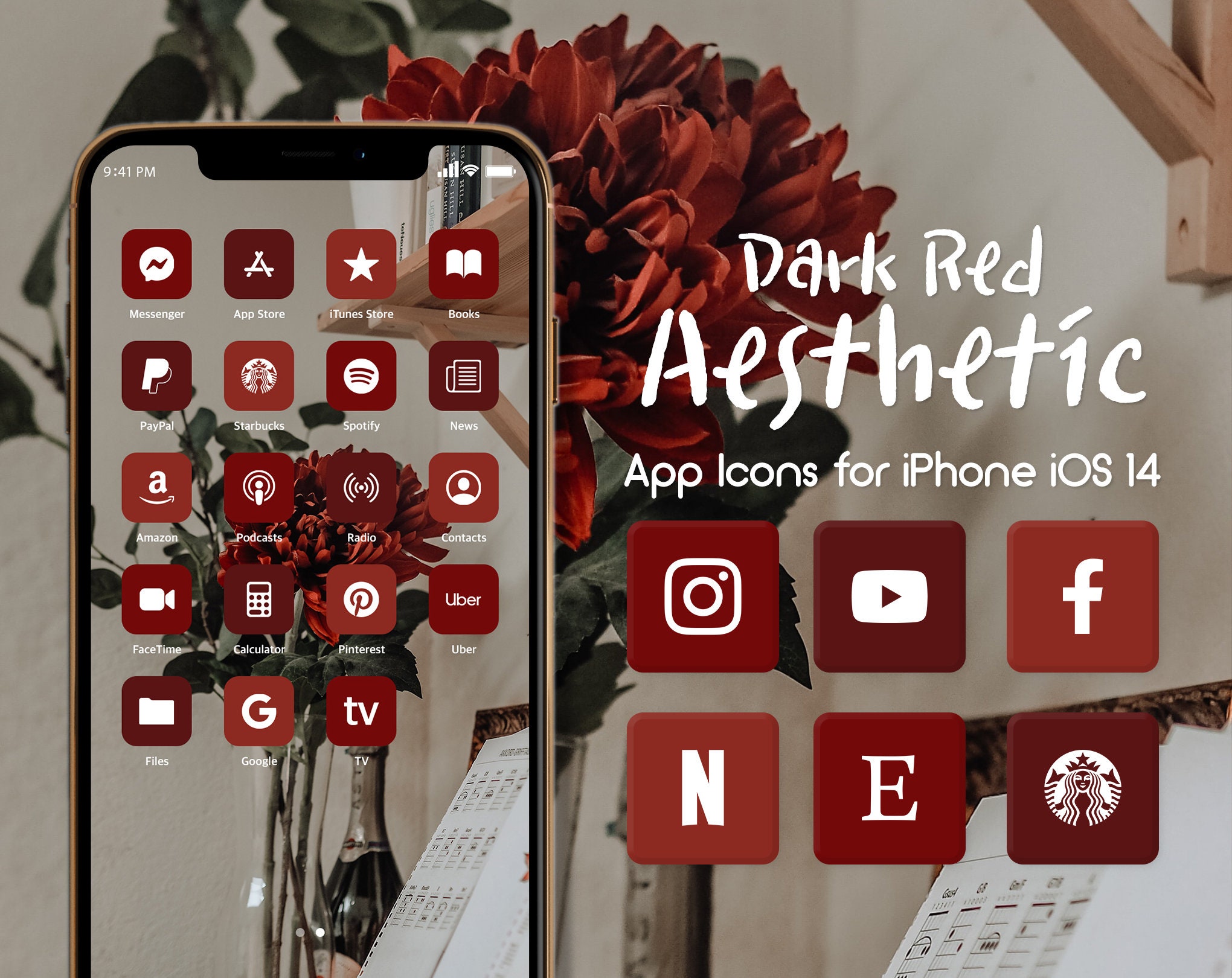 Dark Red Aesthetic App Icons For Iphone Ios 14 Wine Red Red Etsy