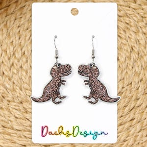 Leopard Print T-Rex Dangle Earrings: Quirky Dinosaur Jewellery