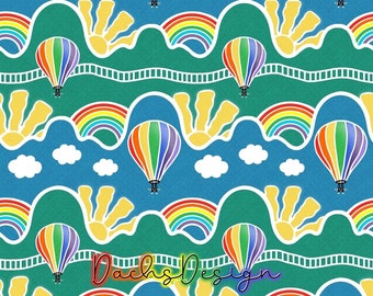 Rainbow hot air balloons, seamless pattern, digital design, fabric design, balloons fabric pattern, rainbow seamless pattern, fabric scene