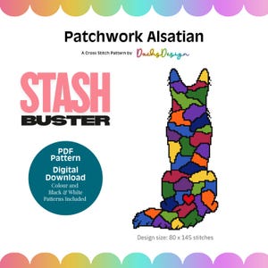 Patchwork kruissteekpatroon voor een Duitse Herder (ook wel bekend als 'Alsatian/German Shepherd'): Ontworpen voor 14 count aida-stof.