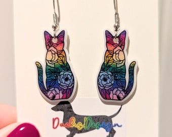Floral Rainbow Cat Dangle Earrings: Handmade Pet Jewellery