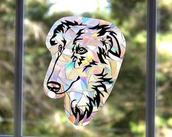 May include: A black and white silhouette of a Border Collie dog's head with a rainbow iridescent background. This is a mock up.