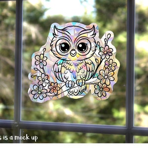 Owl Suncatcher, Owl sticker, rainbow decal, bird suncatcher, gift for kawaii lovers, gift for owl lover, pretty sticker