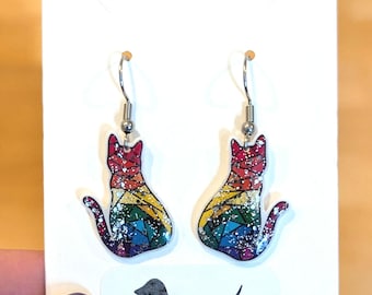 Sparkly Rainbow cat dangle earrings, cat jewellery, pet earrings, dangly earrings, handmade jewellery, Xmas cat gift, gift for cat lover