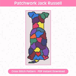 Puede incluir: Un patrón de punto de cruz con la silueta de un perro Jack Russell rellena con un diseño de patchwork colorido de segmentos azules, verdes, morados, rojos, amarillos y naranjas. El texto Patchwork Jack Russell y Cross Stitch Pattern PDF Instant Download es visible.