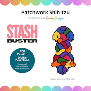 Modèle de point de croix Shih Tzu patchwork « Stash Buster » : conçu pour une toile Aïda 14 fils/cm.