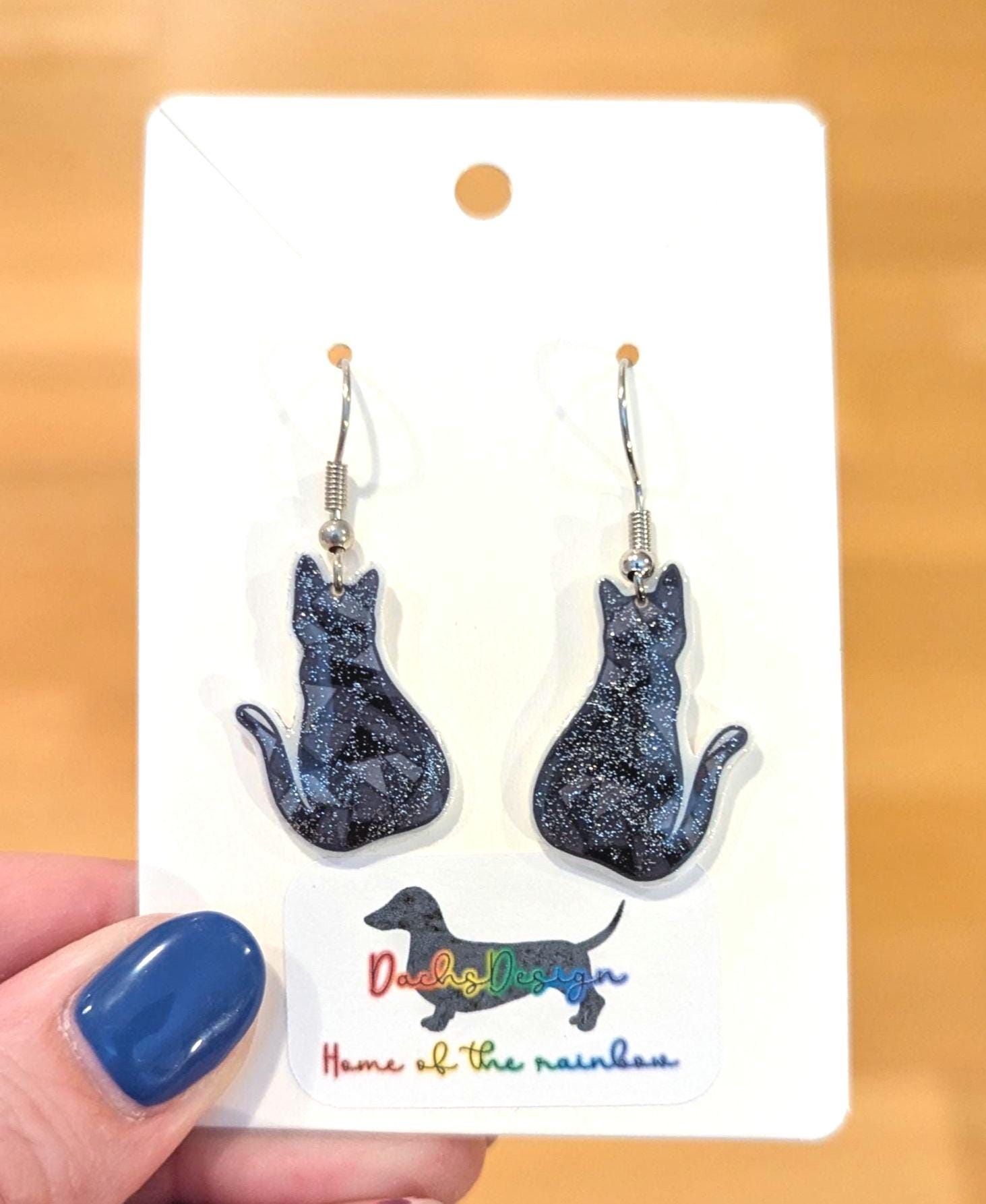 Sparkly Black Cat Dangle Earrings: Handmade Geometric Jewelry