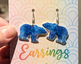 Polar bear dangly earrings, arctic earrings, Xmas gift for her, dangle earrings, blue jewellery, starry jewellery, animal earrings