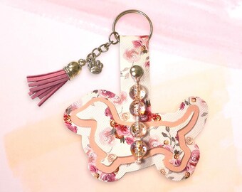 Llavero único con diseño floral de perro salchicha – Llavero de piel sintética con forma de perro salchicha