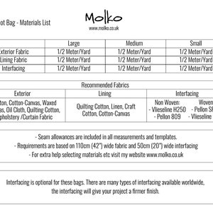 Puede incluir: Una lista de materiales para un proyecto de costura de bolsa Miki Knot. La tabla enumera los requisitos de tela para diferentes tama&ntilde;os: grande, mediano y peque&ntilde;o. Las telas necesarias son tela exterior, tela de forro y entretela. Las telas recomendadas se enumeran a continuaci&oacute;n, incluyendo algod&oacute;n, lona de algod&oacute;n, lino, algod&oacute;n artesanal, tela aceitada, algod&oacute;n acolchado, tela de tapicer&iacute;a, tela de cortina, Vlieseline H250, Pellon 809, Pellon SF101 y Vlieseline G700. Las tolerancias de costura est&aacute;n incluidas en todas las medidas y plantillas. Los requisitos se basan en tela de 110 cm de ancho y entretela de 50 cm de ancho. Para obtener ayuda adicional para seleccionar materiales, visite el sitio web www.molko.co.uk. La entretela es opcional para estas bolsas. Hay muchos tipos de entretela disponibles en todo el mundo, y la entretela le dar&aacute; a su proyecto un acabado m&aacute;s firme.