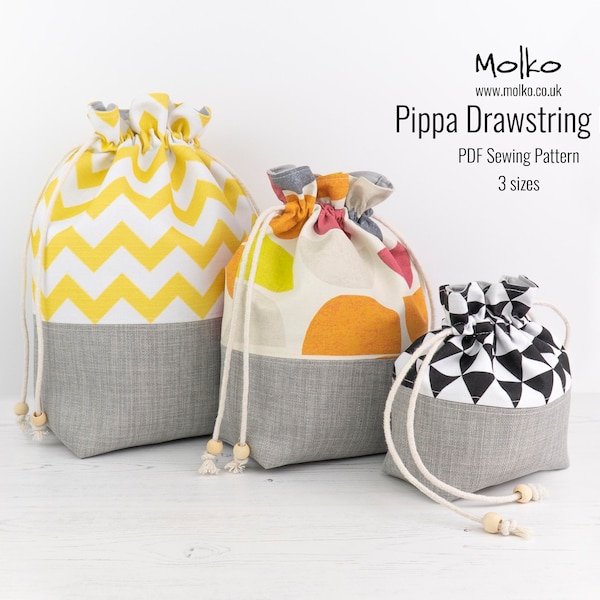 Pippa Drawstring Bag PDF Sewing Pattern / Sewing Tutorial / Knitting Bag Pattern / 3 Sizes / DIY / Instant Download / Easy Sewing Project