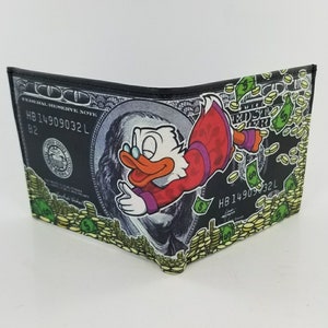 Billetera plegable de cuero inspirada en personajes de dibujos animados de billetes de cien dólares, accesorios para hombres, regalos únicos, hecha a mano y con impresión láser