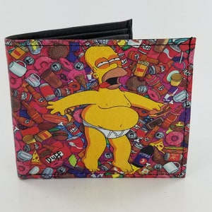 Billetera de cuero inspirada en dibujos animados, billetera bifold hecha a mano.Donuts y diseño de cerveza, titular de tarjeta de crédito, regalos únicos, totalmente impreso con láser