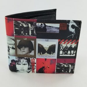 Cartera de cuero plegable hecha a mano genuina inspirada en una banda de rock personalizada. Totalmente impresa con láser