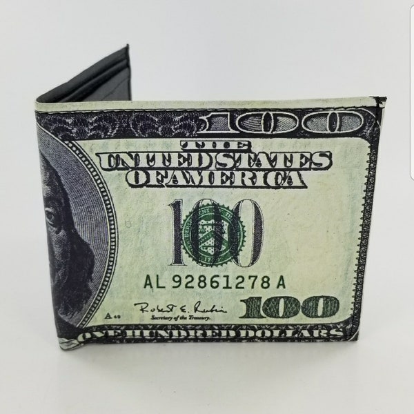 Cent Dollar Bill Bifold Portefeuille en cuir, Accessoires pour hommes, Cadeaux uniques, Fait main et Ausasimprimé