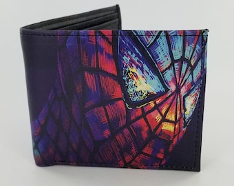 Cartera plegable de piel de superhéroe, auténtica, hecha a mano, diseño de cómic. Impresión láser completa.