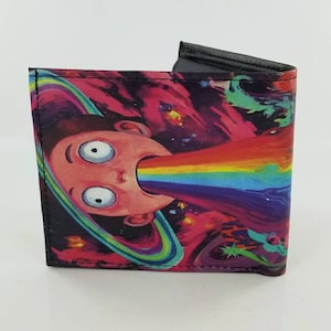 Dibujos animados hechos a mano inspirados en la cartera unisex de cuero bifold, diseño de planetas multicolores.Totalmente impreso con láser
