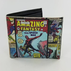 Cartera plegable de piel de superhéroe, auténtica, hecha a mano, diseño de cómic. Totalmente impresa con láser.
