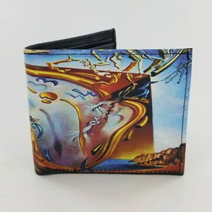 Genuino hecho a mano Salvador Dalí cuero Bifold EDC pintura cartera de diseño, regalos únicos, regalos de cumpleaños.Totalmente laserprinted