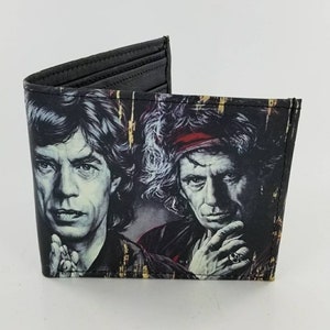 Cartera de cuero inspirada en una banda de rock, billetera unisex plegable genuina hecha a mano, totalmente impresa con láser