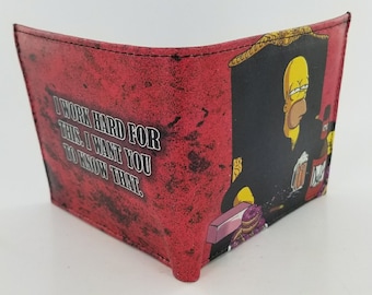 Billetera unisex inspirada en dibujos animados de cuero bifold hecho a mano, regalos únicos, totalmente impreso con láser