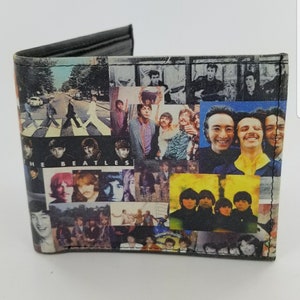 Genuina cartera de cuero plegable hecha a mano inspirada en los Beatles.Totalmente impresa con láser