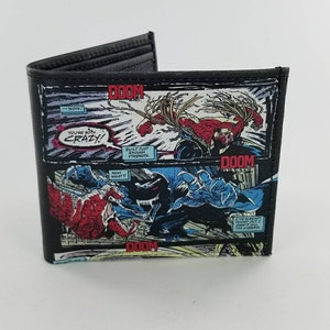 カスタムスーパーヒーローレザー二つ折り財布、本物のハンドメイド、コミックブックデザイン。完全にレーザープリント