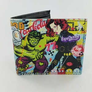 Cartera plegable de cuero de superhéroe, genuina hecha a mano, cultura pop, completa con funda de identificación. Totalmente impreso por láser
