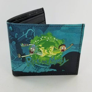 Portafoglio bifold in pelle fatto a mano ispirato ai cartoni animati, design del pianeta blu. Completamente stampato al laser.