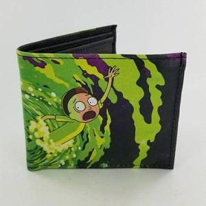 Cartera de cuero plegable inspirada en dibujos animados hechos a mano, diseño de agujero de gusano verde.Totalmente impreso por láser