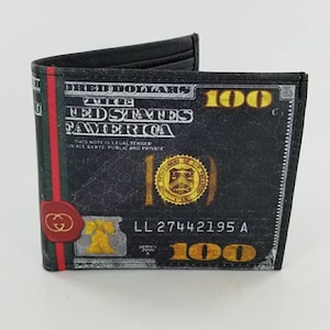 Billetera plegable de cuero con diseño de diseñador de billetes de cien dólares, accesorios para hombres, regalos únicos, hecha a mano y con impresión láser