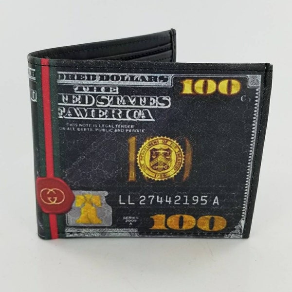 Hundred Dollar Bill Designer Design Leather Bifold Wallet,Mens Accessories,Unique Gifts, Handmade & Laserprinted