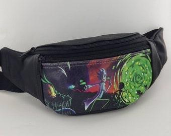 Genuine Leather Handmade Fanny Pack in a Cartoon Scene Design,Crossbody,Slingbag,Fully Lined Interior with 3 Zippered Pockets.