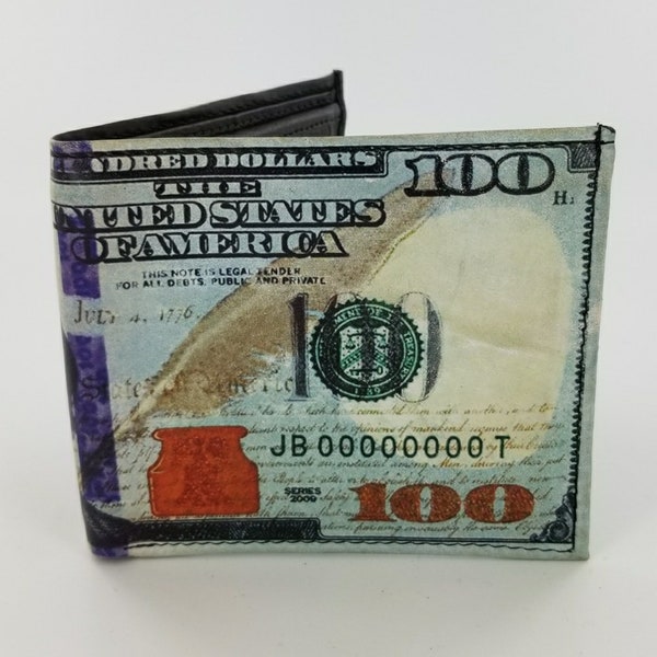 Portefeuille à deux volets en cuir inspiré des billets de cent dollars, accessoires pour hommes, cadeaux uniques, fait main et imprimé au laser