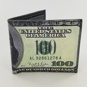Hundred Dollar Bill Inspired Leather Bifold Wallet,Mens Accessories,Unique Gifts, Handmade & Laserprinted