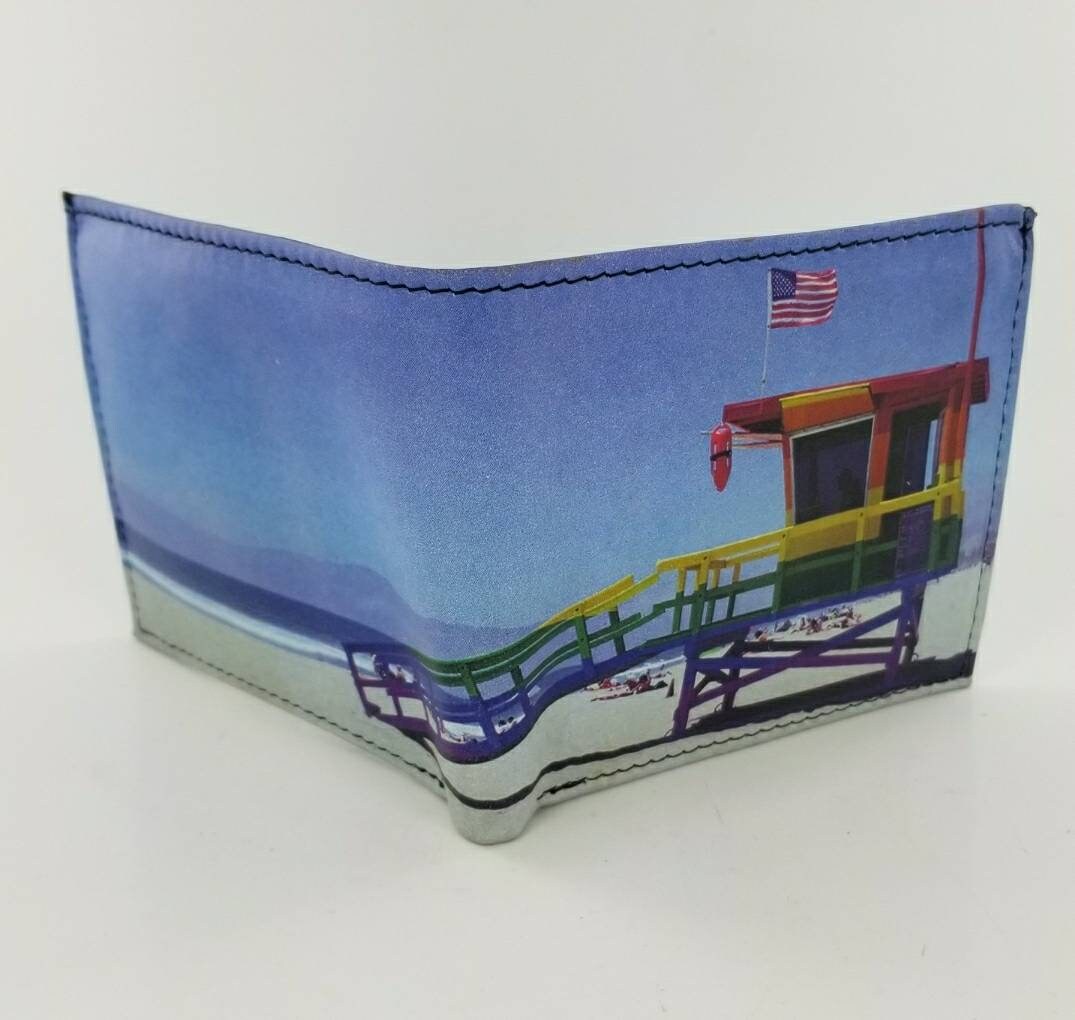 Discover Venice Lifeguard Station Leather Bifold Wallet with ID Sleeve and Laser Printing