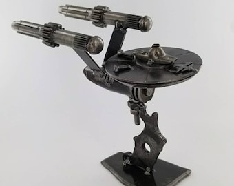 Handmade Recycled Enterprise Spaceship Metal Art Statue, Scrap Sculpture, Star Trek Inspired.Made from Nuts,Bolts,Bits and Pieces