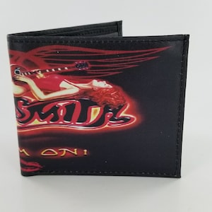 Carteira de couro inspirada em bandas de rock, carteira dupla de couro autêntica feita à mão genuína, design de capa de álbum, porta-dinheiro unissex.