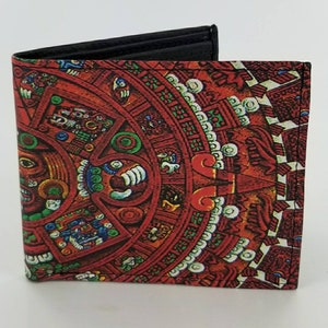 Aztek Kalender Ontwerp Lederen Bifold Wallet, echte handgemaakte, unieke geschenken, volledig laserprinted