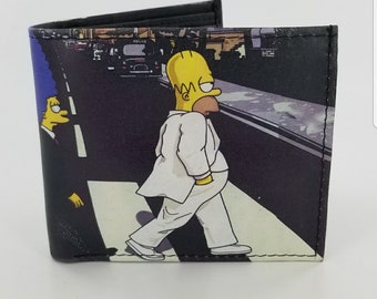 Handcrafted Bifold Leather Simpsons Cartoon Inspired Wallet.Abbey Road Design.Fully Laserprinted