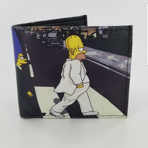 Handcrafted Bifold Leather Simpsons Cartoon Inspired Wallet.Abbey Road Design.Fully Laserprinted