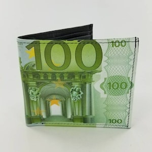 Billetera de diseño de billetes de cien euros, cartera de dinero bifold de cuero genuino, con manga de identificación, regalos únicos, hecho a mano y impreso en láser