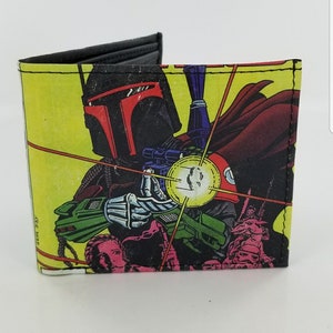 Echtes Handgefertigtes Bifold Leder Portemonnaie Kopfgeldjäger, Comic Design.Komplett Laserbedruckt