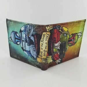 Cartera plegable de cuero genuino hecha a mano con diseño de Bounty Hunter, hijo y padre. Totalmente impresa con láser.
